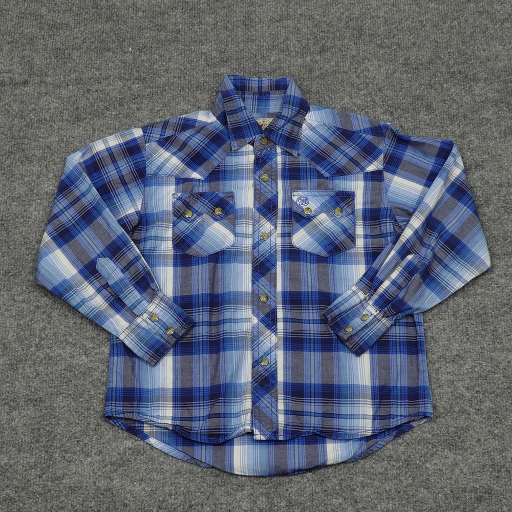 Wrangler Shirt Boys S 5-6 Blue Plaid Long Sleeve Western Snap Button Down